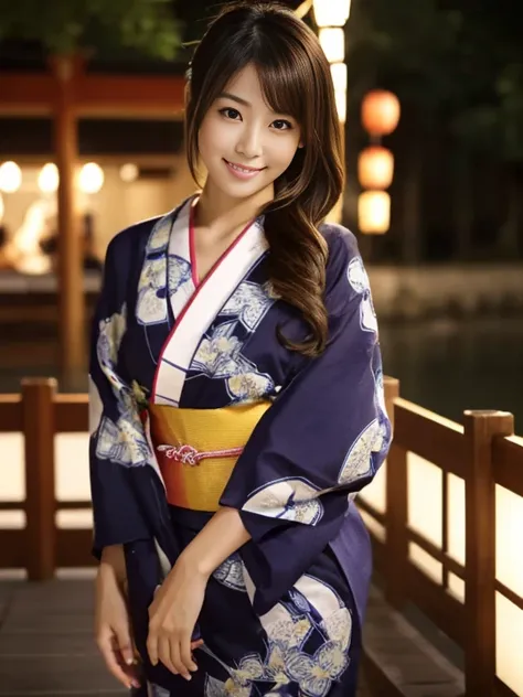 Cowboy Shot, View your viewers, (Late summer date), (8k, RAW Photos, Highest quality, masterpiece:1.2), (Realistic, Photorealistic:1.4), ((Geometric Japanese Yukata)), Japanese Women in College, (One Woman:1.2), She is very beautiful, Glowing Skin, Cute an...