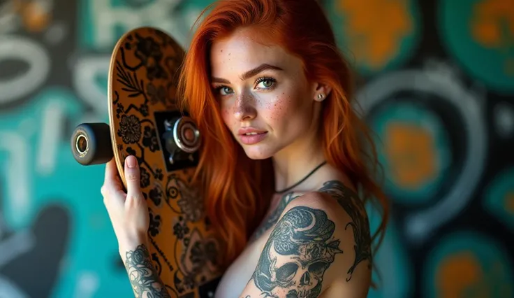 (very sharp photo result, hyper realistic photo) (Best Quality), (masterpiece), (Ultra-detailed CG),(magical ) An edgy girl with freckles, red hair, moist skin is posing naked and hold artful skateboard. she almost has full of tattoos on her body. she is p...