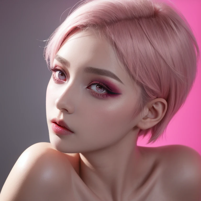 1girl, Short Hair, Pink Eyes, Makeup, 