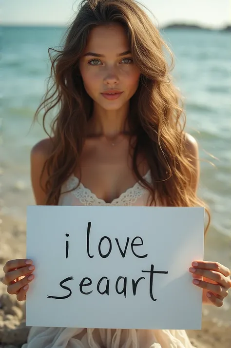 Beautiful girl with wavy long hair, bohemian dress, holding a white board with text "I Love Seaart Infinity" and showing it to the viewer