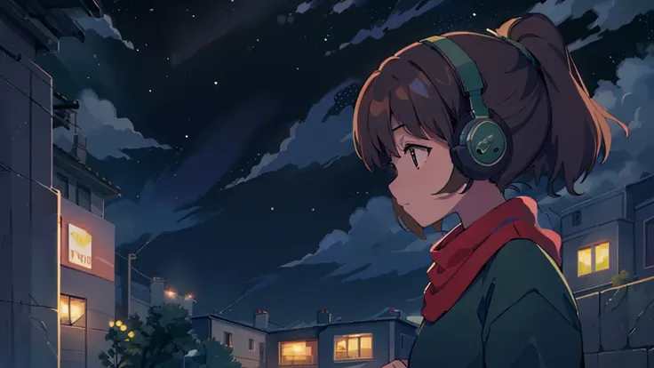 masterpiece, best quality,  1girl, solo, brown_hair,ponytail,headphones,green sweater,blue pants,red scarf, night, muted colors,...