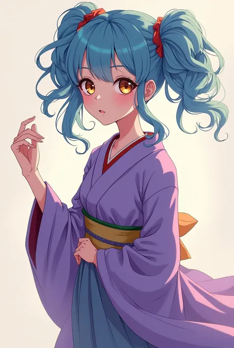 
    Height 156CM，Thin face，Ecup，
    The hairstyle is blue dragon whisker bangs curly double ponytail double pupils brown often wear like this：Purple kimono，Likes to wear black sneakers. She is delicate and warm on the outside but cold on the inside.,A ca...