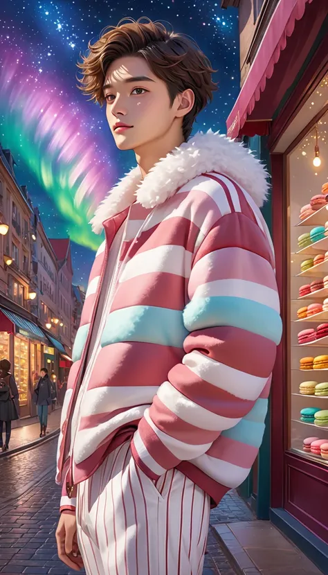 Highest quality、photograph、One Man、very handsome、nice、manly 、Fluffy hair、short hair、stylish、striped light burgundy and white outfit 、street style, Perfect Face、Cinematic, detailed Colorful macarons shop and aurora starry sky background, detailed scenery ba...