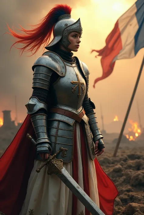 A stoic and fiercely determined Joan of Arc, fully adorned in her gleaming plate armor, standing tall and proud amidst the smoky aftermath of a battlefield. The steel plates of her armor, intricately etched with religious symbols, reflect the fading embers...