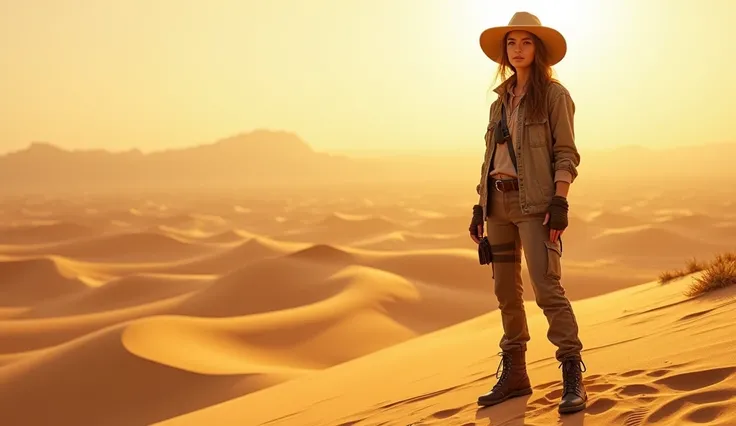 Photorealistic scene of a woman in explorer clothing with a wide-brimmed hat, standing on a high sand dune under the blazing sun, her stance is strong and confident, she gazes out with a fearless smile, her boots slightly buried in the sand, the arid lands...