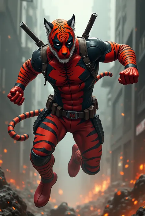 Create an image of a hybrid character combining Deadpool and a tiger. The character should have a sleek, tiger-striped suit in Deadpool’s signature red and black. Incorporate tiger-like features such as sharp claws and a feline agility, while maintaining D...