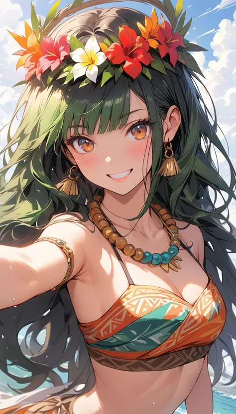 1girl, (((green hair, hime haircut, long hair))), brown eyes, (highest quality, 8k, 4k, High resolution, masterpiece:1.2), Super detailed, anime style:0.9, photorealistic, Bright colors, Depth of the bounds written, blurred background, cowboy_shot, alone, ...