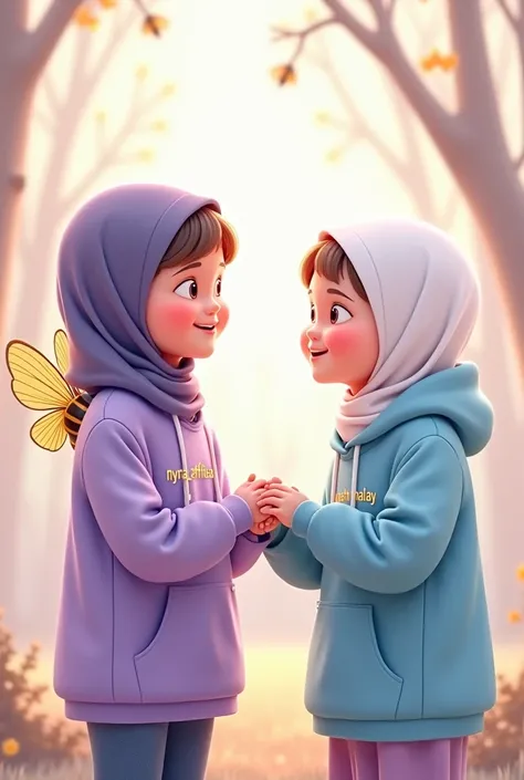 A purple hijabi girl with bee wings and on her long sleeved purple shirt says "Nyra_OFFIC1AL" and theres a white hijabi girl and she is wearing a blue hoodie and on her blue  jacket says "aysh_malay" and their are holding hands
(Cute)
