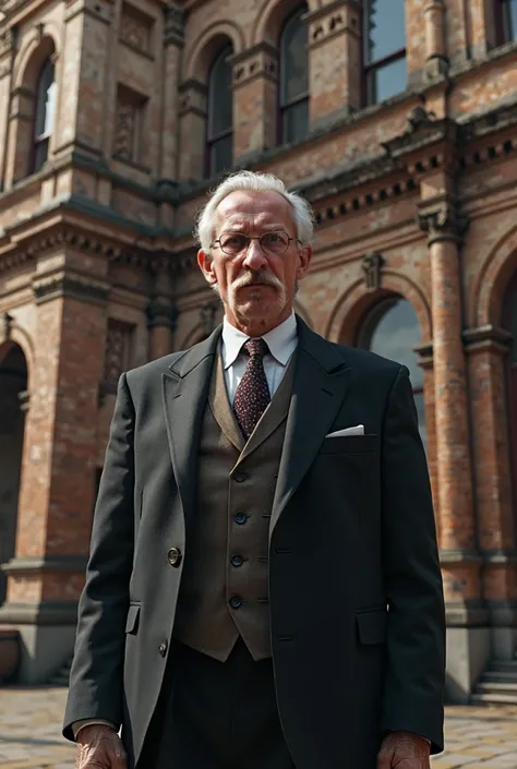 An old man with suit standing in front of a old building 