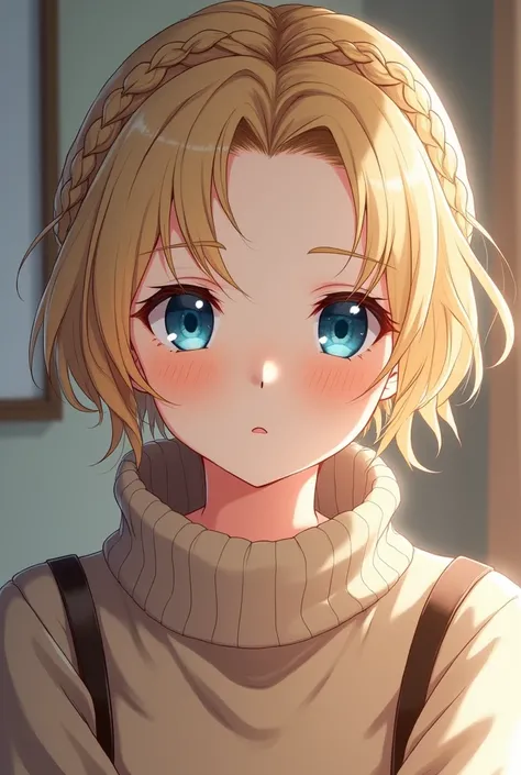 (Photo-realistic:1.2), Anime woman, Blonde, turtleneck sweater, short hair, Braided Undercut, Smile, blue eyes, Adult women