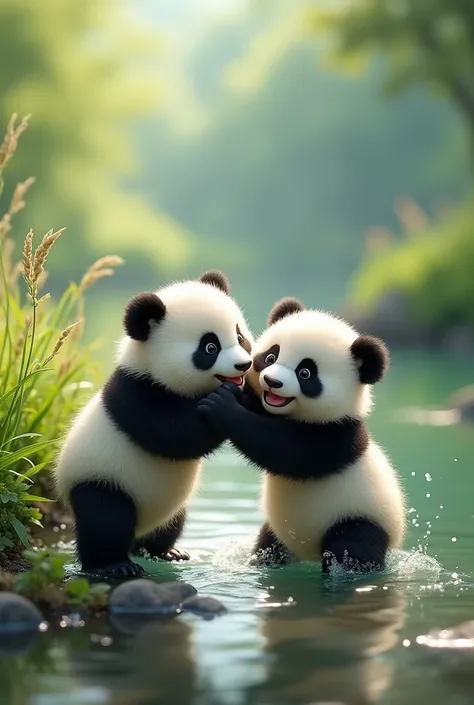 Two baby pandas are playing on the bank of a river in a green place.