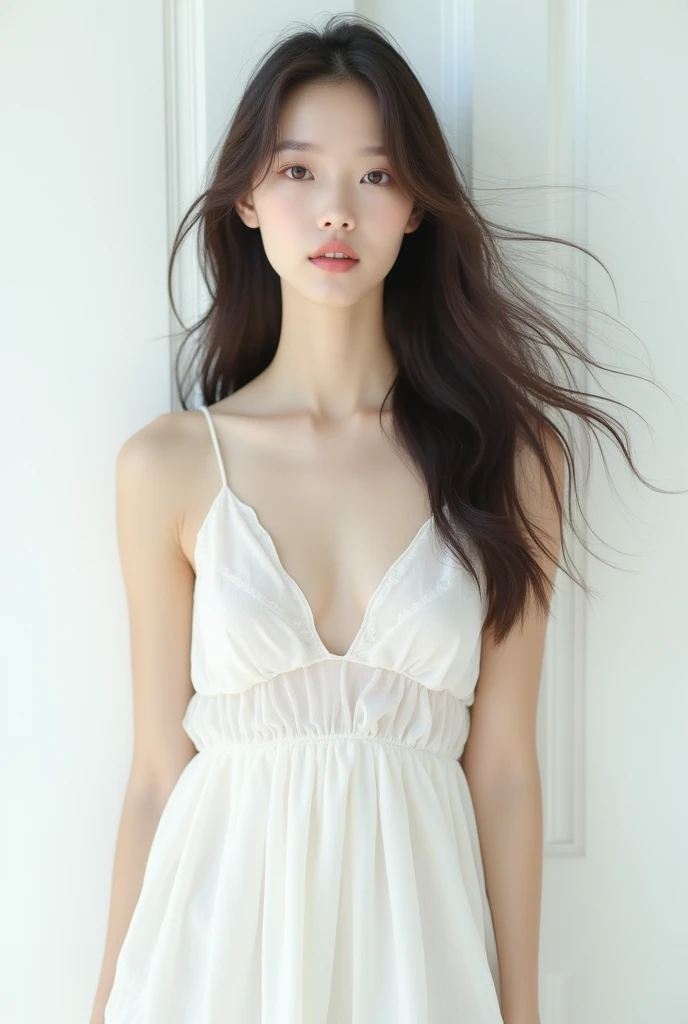 A 30-year-old woman standing against a white wall,Long Hair,Fluttering Hair,White Dress,White skin,Double Eyes,Natural Makeup