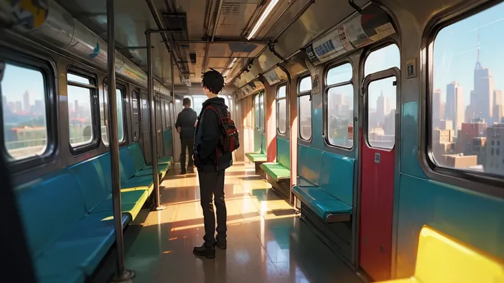 New York City subway, inside train, boy in seat, headphones, pensive, looking out window, landscape concept art, studio art, background animation, train, boy, headphones, subway