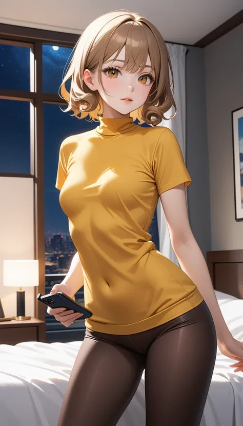 Beautiful 47y young woman with short undercut curly dark blonde hair, with brown eyes wearing ((Tight Brown Low-Rise Leggings), ((Sexy Mock Neck Short Sleeves Yellow Orange Shirt)), standing in her bedroom at night, holding her cellphone, (mid-tanned skin)...