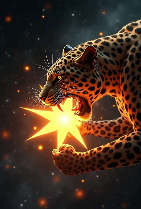 Angry leopard biting a star 
