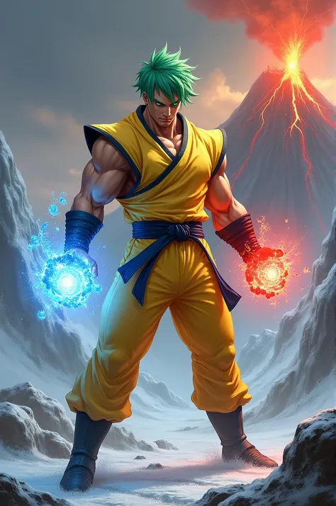 The character in the image appears to be a martial arts fighter. He has a muscular build, short green hair, and is wearing a yellow outfit. He is holding glowing orbs of blue and red in his hands, which could be elemental powers like ice and fire. The back...