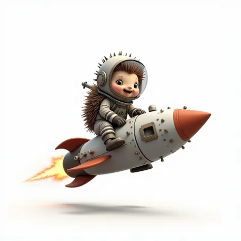 Hedgehog in a space suit　Riding astride a rocket on a white background
