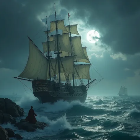 man boards a ship, but a storm arises. sailors are afraid, ancient ship, Prophet Jona on baord