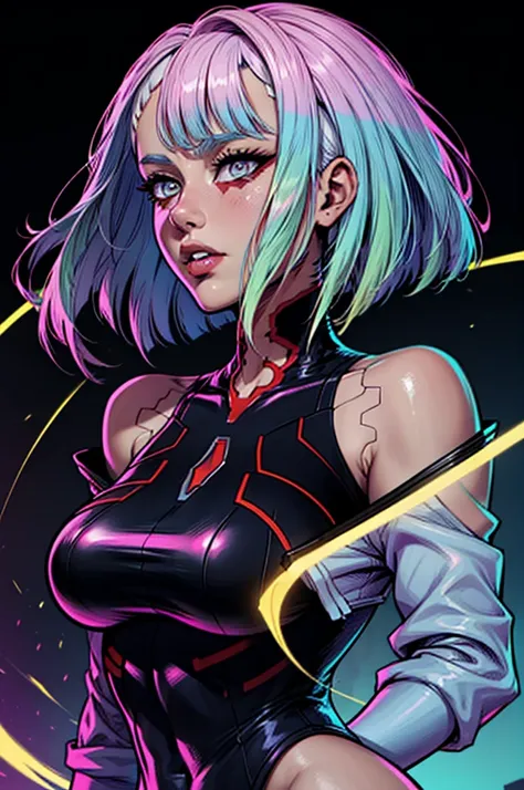 a woman with hair and a black shirt is standing in front of a neon city background, lois van baarle and rossdraws, portrait of lucy from Cyberpunk Edgerunners, artgerm and lois van baarle, rossdraws 2. 0, rossdraws 1. 0, rossdraws 2. 5, artgerm and rossdra...