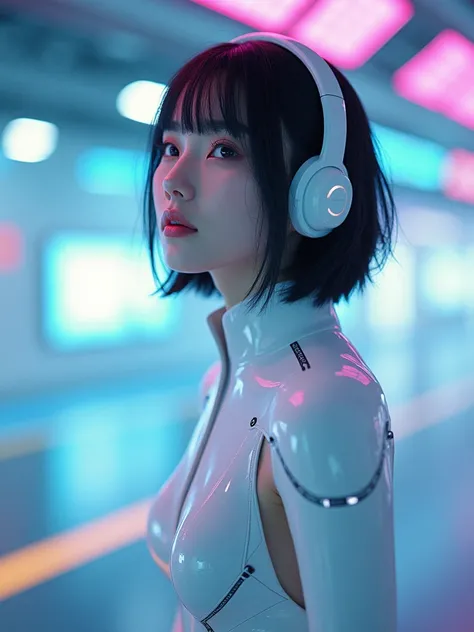 from below, Japanese woman, pretty face, short cut hair, bangs, black hair, bangs, blurred background, blur, background is future disco , chromatic aberration, knee high, looking up, motion blur, Photo_Curly, future robot armor , White future robot wireles...