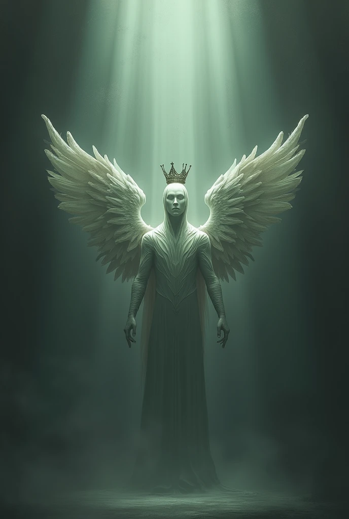 Create a wallpaper with the name Ana and Marks, both with wings and a crown over both names, these gray and green color names, with rays coming out of them in a somewhat gloomy setting 