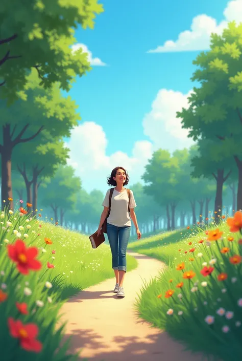 **Prompt de Imagem:**

"A beautiful scene from a sunny Thursday morning, with a peaceful path surrounded by green trees and colorful flowers. No fundo, a person walking with determination, smiling and looking at the blue sky. In one hand, holding an open d...