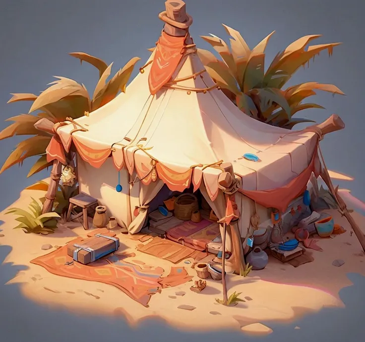 there is a small tent with a tent on a desert, 2 d render stylized, stylized 2d render, stylized game art, polycount contest winner, stylized concept art, super detailed color lowpoly art, high quality lowpoly art, stylized 2 d, rolands zilvinskis 2d rende...