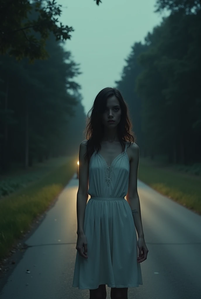 Ladki on the Side of the Road:
A young woman stands on the side of the road in a simple white dress, partially obscured by the shadows of the trees. Her face is pale and expressionless, with her arm subtly raised as she signals for a lift. Her figure is il...