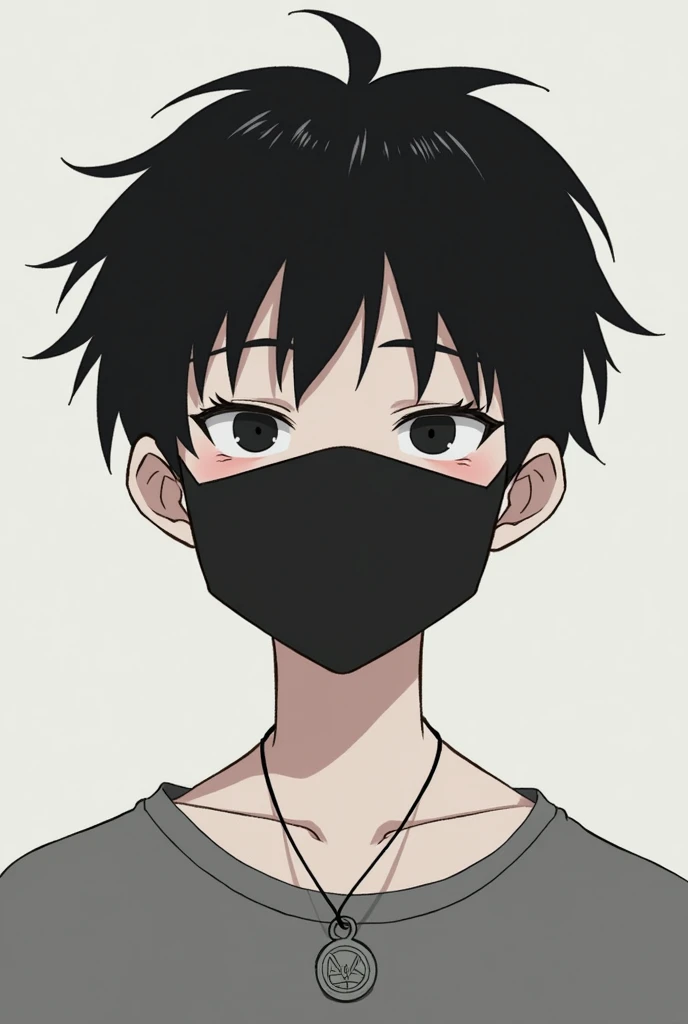 
Create an anime-like character, with a black surgical mask on his mouth. With black hair, small, unstretched eyes, a gray shirt, a necklace with a gray coin