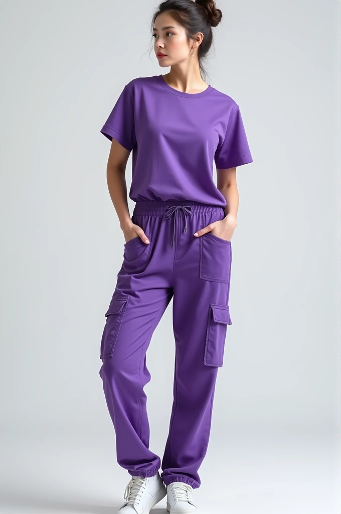 Medical uniform for women, Purple color with a high and round Mao collar cut, Tucked-in, fitted T-shirt and high-waisted sweatpants with elastic at the ankles , Boxy, loose fit with lots of pockets and realistic sneakers 
