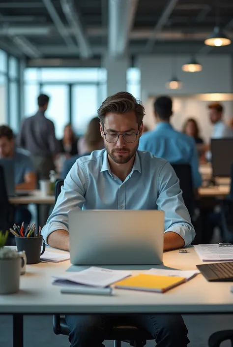 This image shows an office desk with an open laptop on it., where an employee sits in front of him, focus on work. The atmosphere looked busy with several other employees also busy at their desks.. The background shows a row of work desks with laptops., do...