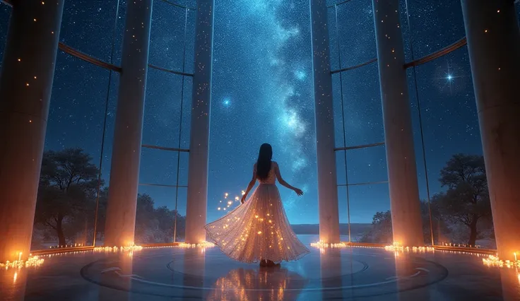 concept: The Woman、It is depicted in a grand ballroom under a star-filled night sky.. Her gown is elegant and sophisticated., Designed to reflect the night sky, when she moves, the light catches her and she shines subtly...
[background: A luxurious ballroo...