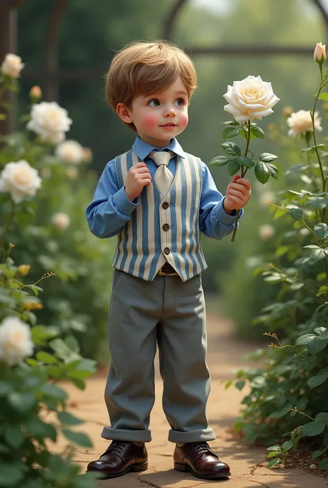 (realistic photo)  niño con cabello castaño rubio y camisa blue , end and white vest, and white tie, with stripes, white, blue, and grays., Grey pants with very good shoes, very formal and  (elegant) in the garden holding a white rose and smelling the rose