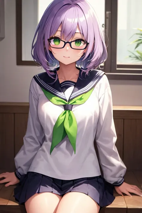 best quality, 8k, water color,light purple hair , green eyes, wearing glasses, serafuku