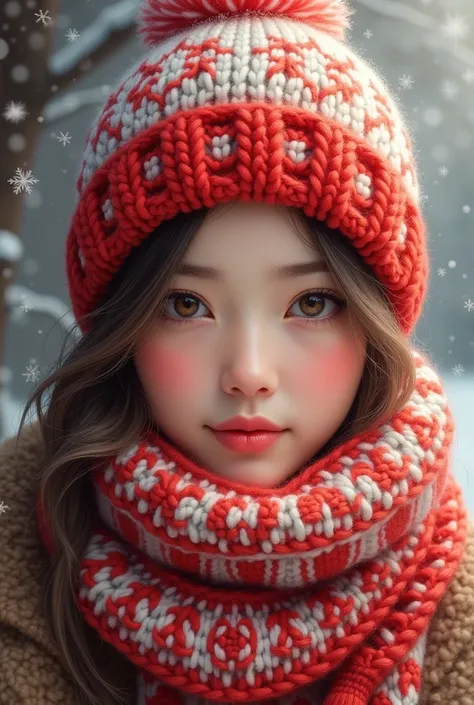 Woman wearing red and white knitted hat and scarf