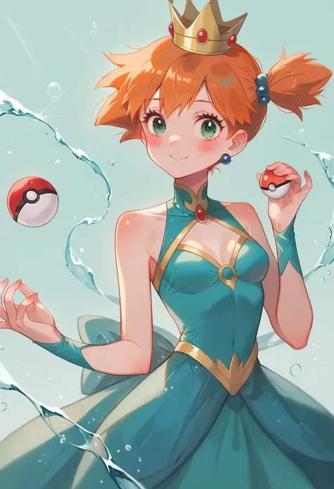 Misty_pokemon , Berry Short,Orange Hair ,Big green eyes,Small breasts,Skinny . Queen of the ocean ,water effect , beautiful outfit, crown , throne , bubble , power , cute, coquet , beautiful woman, blush , sweet smile, blue PokeBall 