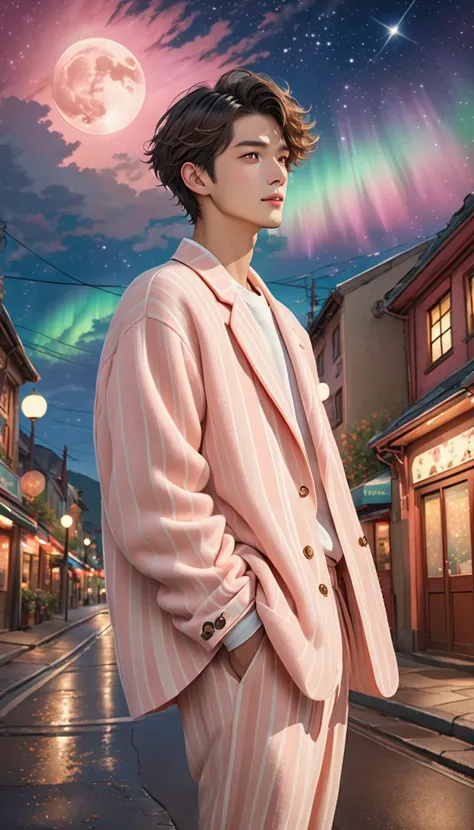 Highest quality、photograph、One Man、very handsome、nice、manly 、Fluffy hair、short hair、stylish、striped light salmon pink and beige outfit 、street style, Perfect Face、Cinematic, detailed mid autumn moon and aurora starry sky background, detailed scenery backgr...