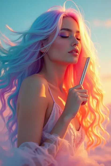 A woman combing her hair, her hair is like a rainbow, around her is a rainbow gradation, the sky in the background is also a rainbow gradation,