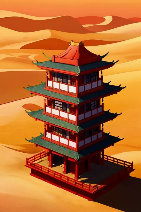 illustration of a traditional chinese building in desert, 2 d render stylized, stylized 2d render, stylized game art