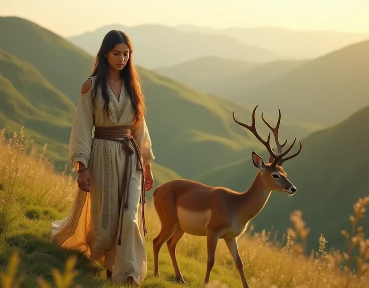 In nature, Young woman in tribal clothing,Clothes are more traditional，Strolling on the hillside,The deer walked beside her, The deer also looks at the girls, Girls side，Girls know nothing about cameras, side view, Sunny summer afternoon,The scene is very ...