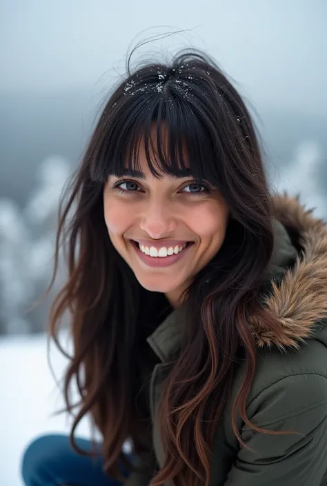 There is a young, Beautiful indian woman, who looks to the future like Katrina Kaif, Smiles into the camera, beautiful teeth, She looks into the camera, a portrait from raw photo, modern usa ((winter cloathes)), sit on the mountain peak, ((hair Curtain Ban...