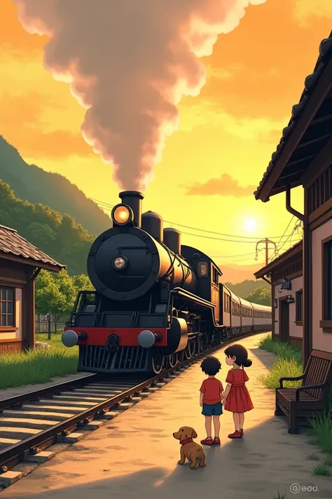 See the locomotives at the station　Sunset　Japan　Retro　countryside　Children Siblings　male　female　puppy