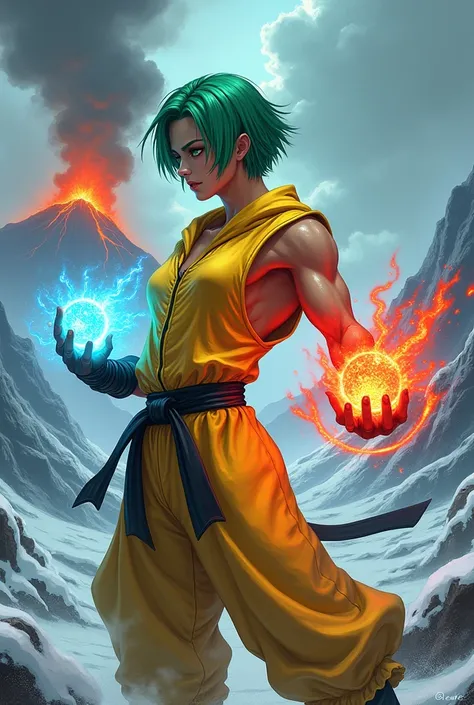 The character in the image appears to be a martial arts fighter. He has a muscular build, short green hair, and is wearing a yellow outfit. He is holding glowing orbs of blue and red in his hands, which could be elemental powers like ice and fire. The back...