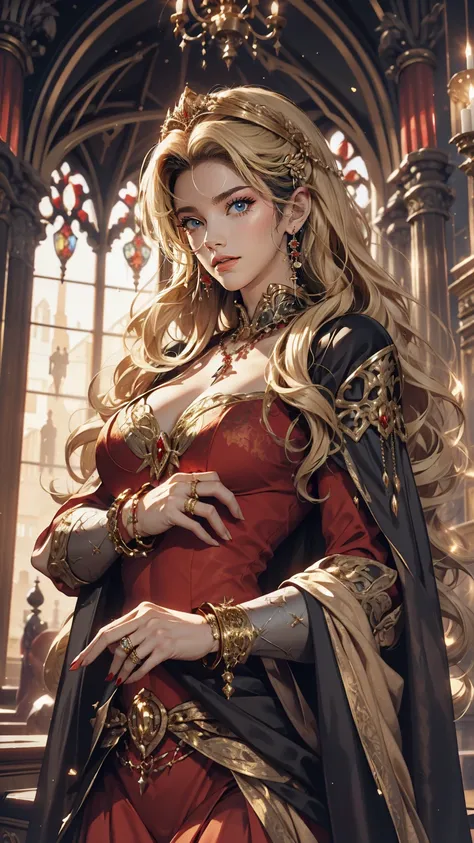 Dark Souls, Dim Light, Old Church, Mature Woman, slim, expensive, Long blonde curly hair, Long black cape, Red leotard with long skirt, Long skirt with diamonds, Gold bracelet, 8k, Official Style, European aristocracy, 