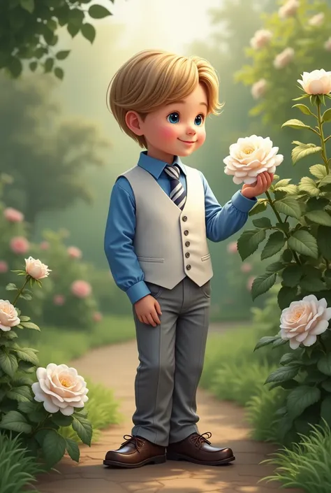 (realistic photo)  boy with blond brown hair and blue shirt , chaleco blanco end , y corbata blanca con rayas grayes, azules y grayes., PANTS, gray, with very good shoes, very formal and  (elegant) in the garden smelling a white rose.