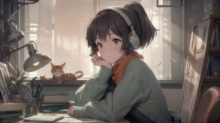 an anime-style illustration of a young woman studying at a vintage wooden desk in a cozy, softly lit study room. she has shoulde...