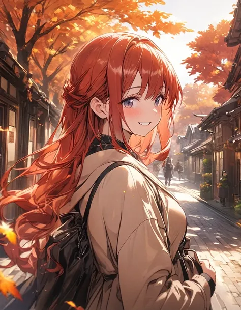 masterpiece、girl、Redhead、Long Hair、smile、Focus on the face，Walking outside，Autumn scenery
