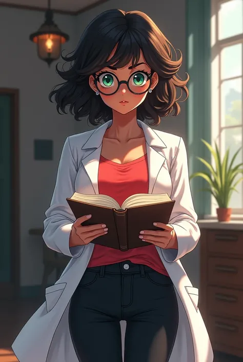 Anime style: A smart, nerdy, yet irresistibly cute young woman with dark chocolate brown skin, holding an open book in her delicate hands. She wears a pristine white lab coat over a form-fitting red undershirt, paired with sleek black jeans that hug her fi...