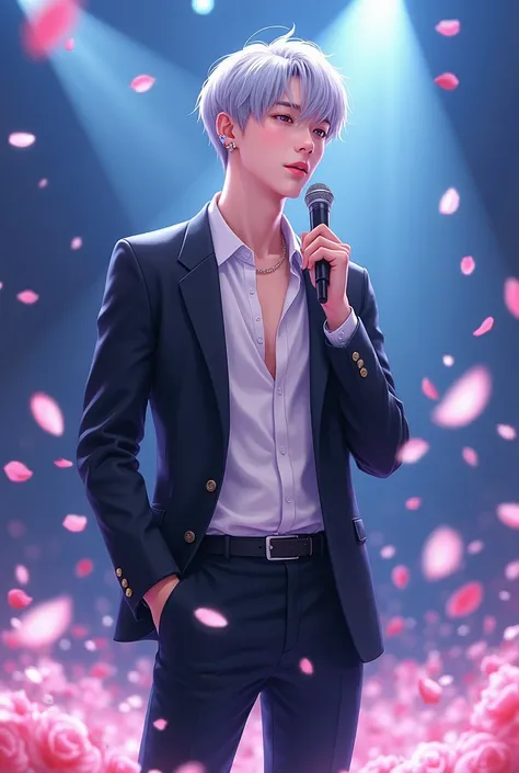  Boy, Small Child Idol, Anime, Silver Hair, Light Blush, Hair Ornament, Young, Baby Face, Beautiful, Slim, Toned Body, Nice Abs, No Shirt, Revealing Clothes, Korean Male Idol, Idol Boys Band, Performing Together On Stage With Other Members, Wears Suit, Hea...