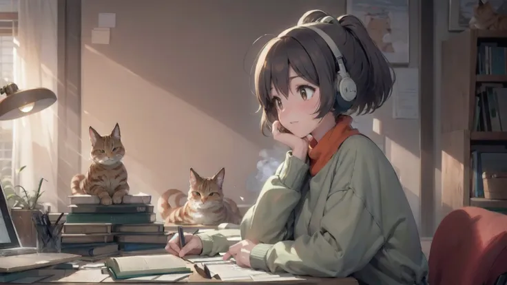 an anime-style illustration of a young woman studying at a vintage wooden desk in a cozy, softly lit study room. she has shoulde...